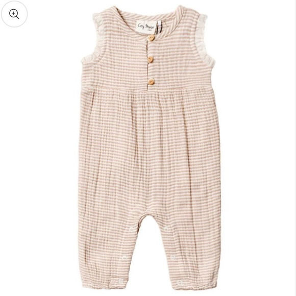 City Mouse Other - City Mouse: Crinkle Cotton Ruffle Button Long Romper, Sesame Stripe